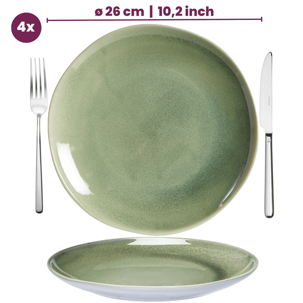 Service de table Cookinglife Serene Green 12 pièces / 4 personnes - 4 assiettes plates, 4 assiettes à dessert et 4 bols