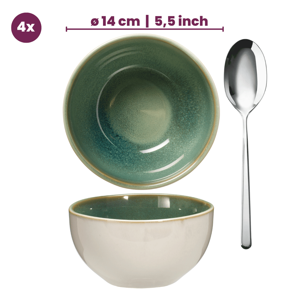 Service de table Cookinglife Serene Green 12 pièces / 4 personnes - 4 assiettes plates, 4 assiettes à dessert et 4 bols
