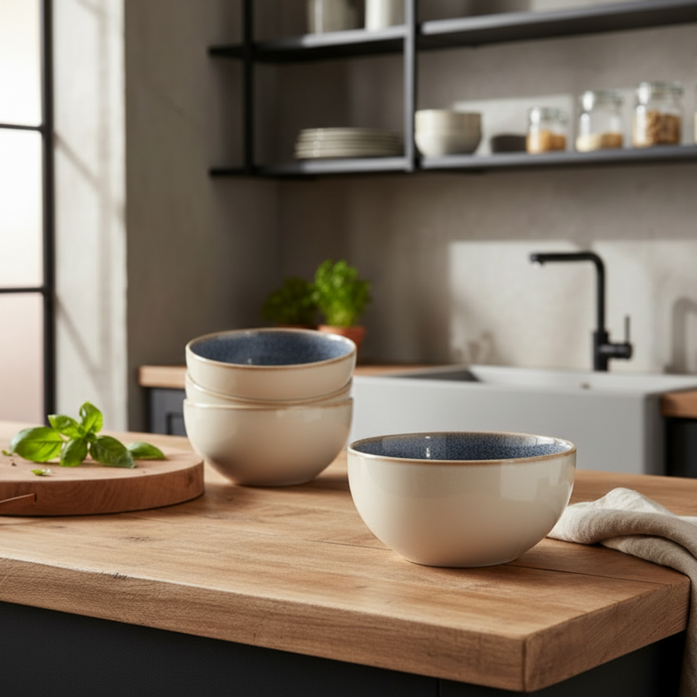 Service de table Cookinglife Serene Blue 12 pièces / 4 personnes - 4 assiettes plates, 4 assiettes à dessert et 4 bols