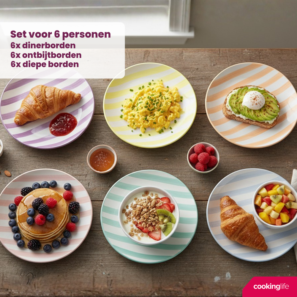 Cookinglife Serviesset Spring Vibes - 18-delig / 6 personen - 6 dinerborden, 6 ontbijtborden en 6 diepe borden