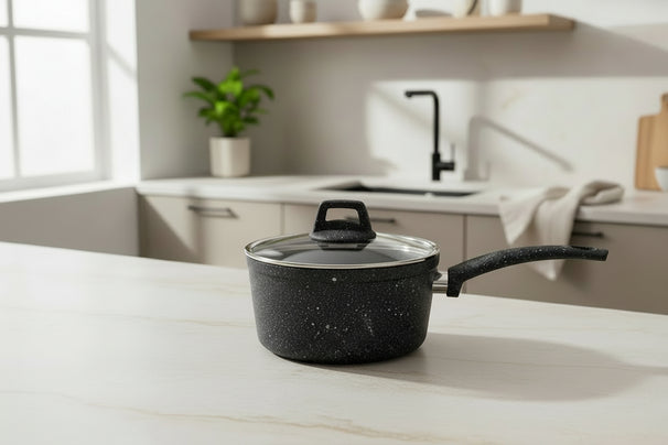 Steelpan / Sauspan met deksel - Black Speckle - Aluminium ø 18 cm / 2.2 liter - Geschikt voor alle warmtebronnen - standaard anti-aanbaklaag - Cookinglife