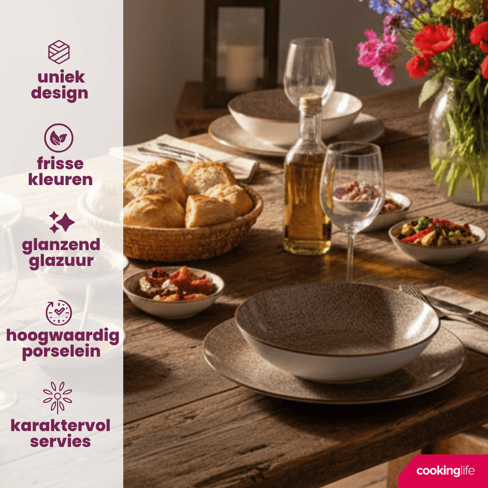 Cookinglife Set de vaisselle Tela Marron Porcelaine 12 pièces / 4 personnes - 4 assiettes plates, 4 assiettes à dessert et 4 assiettes creuses