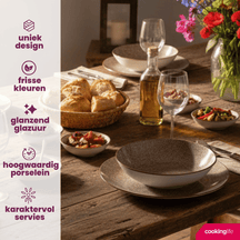 Cookinglife Set de vaisselle Tela Marron Porcelaine 12 pièces / 4 personnes - 4 assiettes plates, 4 assiettes à dessert et 4 assiettes creuses