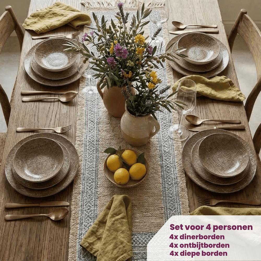 Cookinglife Set de vaisselle Tela Marron Porcelaine 12 pièces / 4 personnes - 4 assiettes plates, 4 assiettes à dessert et 4 assiettes creuses