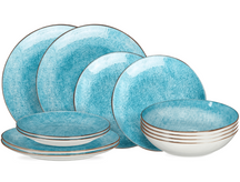 Cookinglife Set de vaisselle Tela Bleu Porcelaine 12 pièces / 4 personnes - 4 assiettes plates, 4 assiettes petit-déjeuner et 4 assiettes creuses