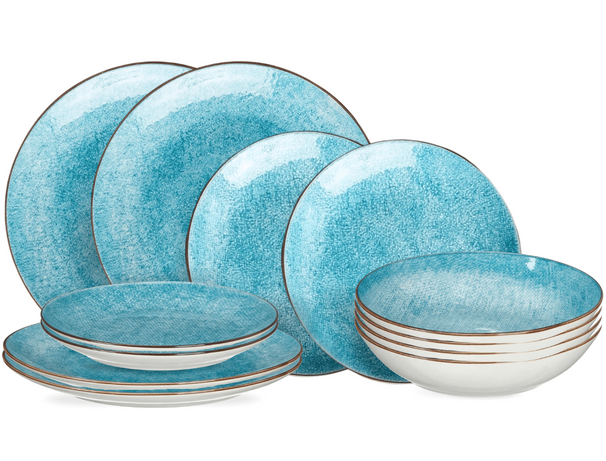 Cookinglife Set de vaisselle Tela Bleu Porcelaine 12 pièces / 4 personnes - 4 assiettes plates, 4 assiettes petit-déjeuner et 4 assiettes creuses