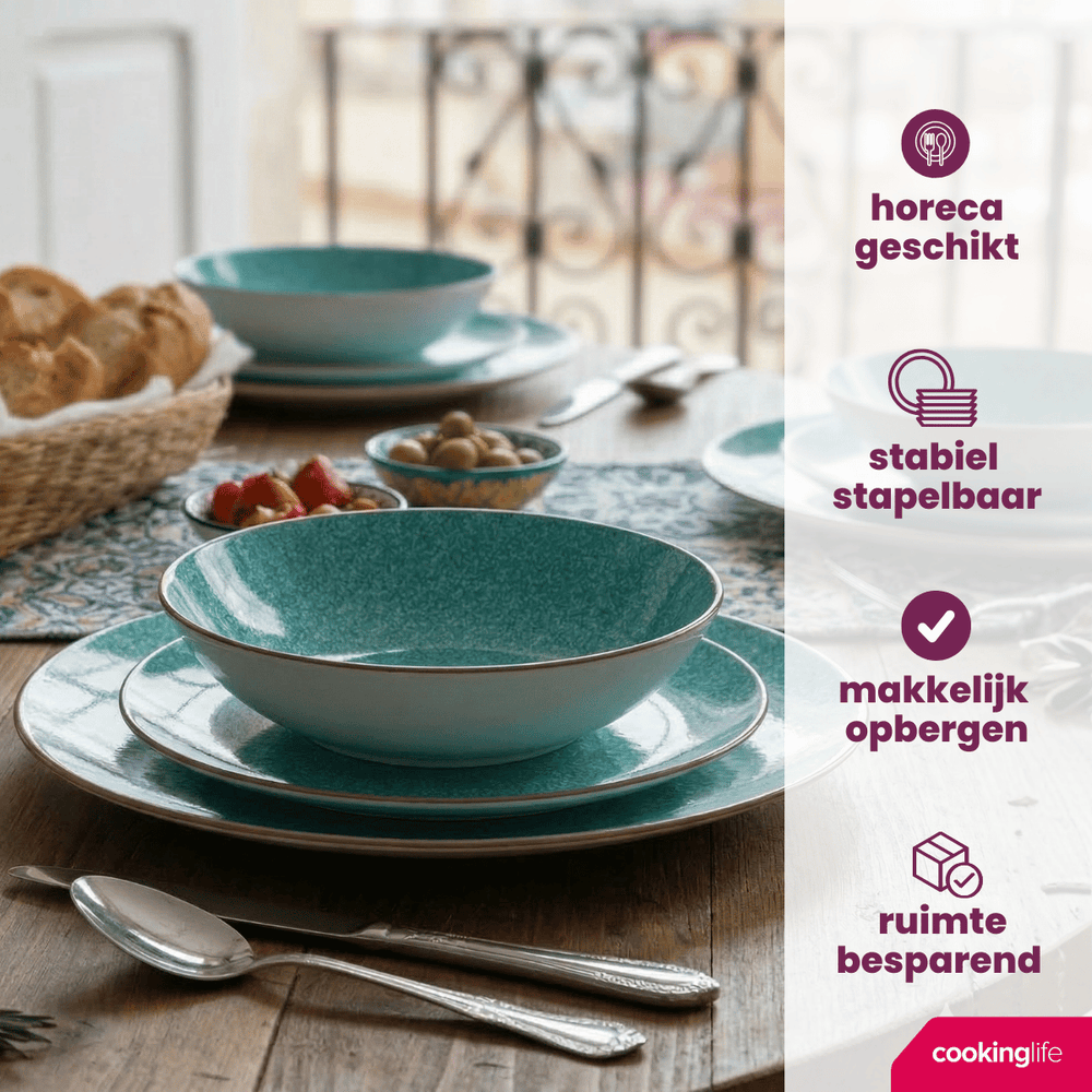 Cookinglife Set de vaisselle Tela Vert Porcelaine 12 pièces / 4 personnes - 4 assiettes plates, 4 assiettes à dessert et 4 assiettes creuses