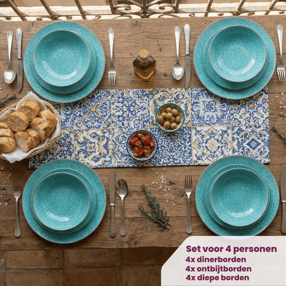 Cookinglife Set de vaisselle Tela Vert Porcelaine 12 pièces / 4 personnes - 4 assiettes plates, 4 assiettes à dessert et 4 assiettes creuses