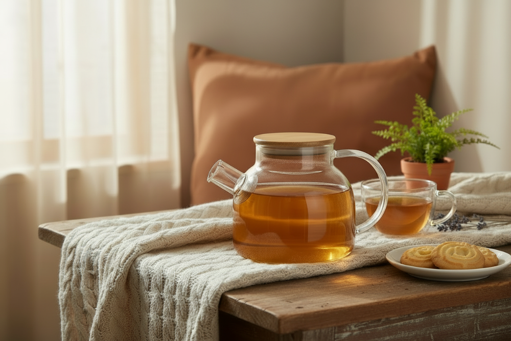 Théière en verre borosilicate Cookinglife 1 litre - Théière résistante à la chaleur avec couvercle en bambou