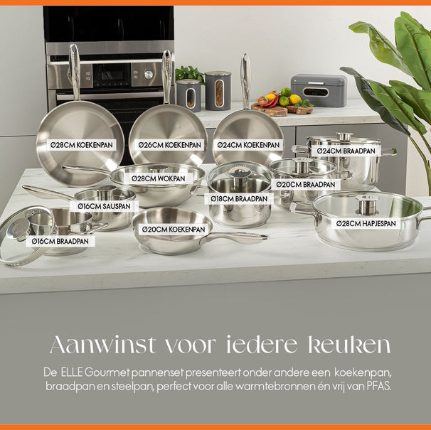 ELLE Gourmet Classique Set de poêles 8 pièces avec couvercles assortis - Sans revêtement antiadhésif - Inox