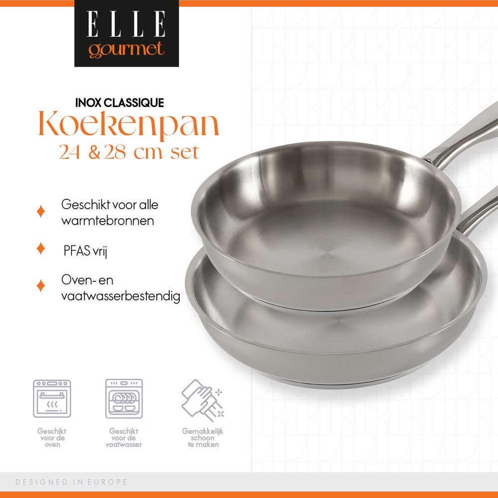 ELLE Gourmet Classique Set de poêles - Ø 24 &amp; 28 cm - Sans revêtement antiadhésif - Inox