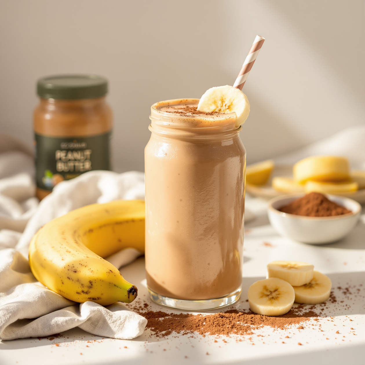 Délicieux smoothie au beurre de cacahuète, chocolat et banane !
