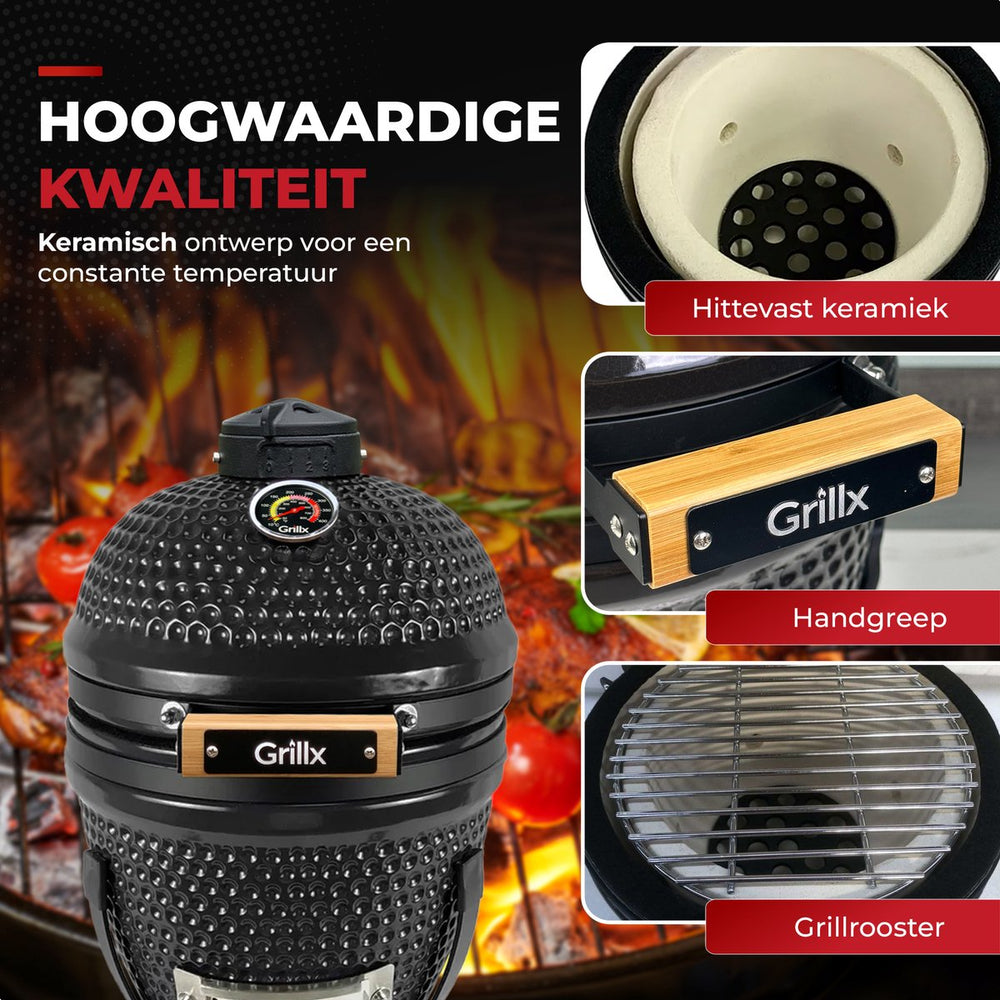 GrillX Kamado 13 Inch - incluant housse de rangement - Barbecue Egg - Barbecue au charbon de bois - Noir - Ø 27 cm