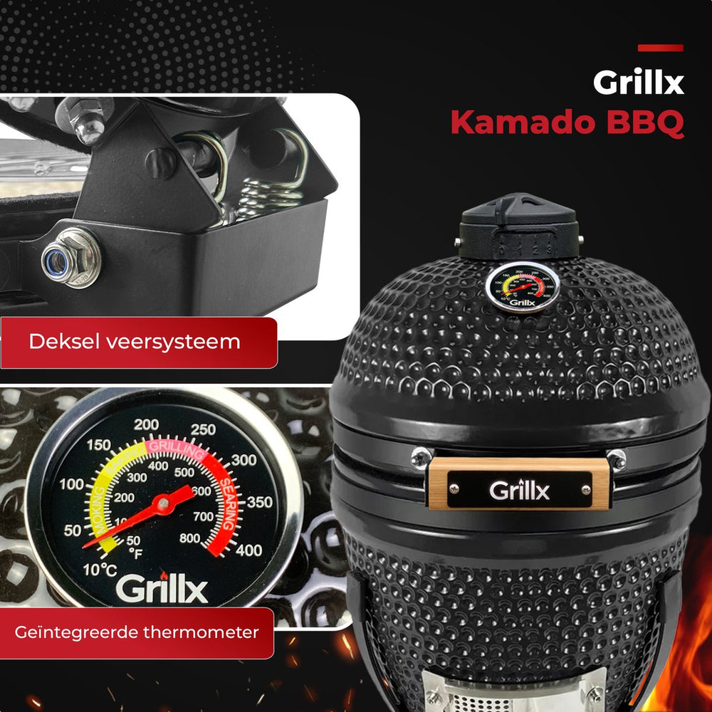 GrillX Kamado 13 Inch - incluant housse de rangement - Barbecue Egg - Barbecue au charbon de bois - Noir - Ø 27 cm