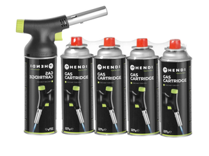 Hendi Creme Brulee Brander / Koksbrander / BBQ Aansteker - met gasbus + Extra Butaan Gas Navullingen - 4 Stuks