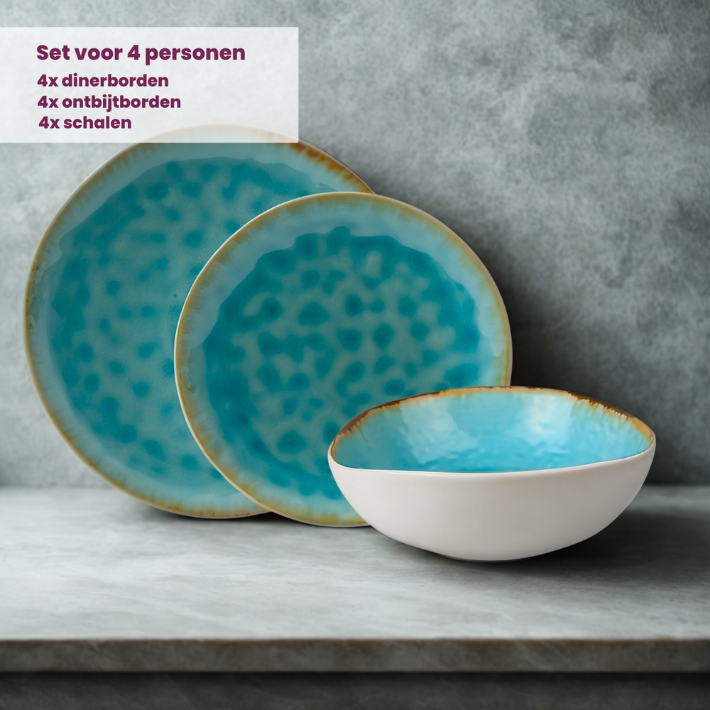 Service de vaisselle Cosy & Trendy Laguna Azzurro 12 pièces / 4 personnes - 4 Assiette plates, 4 assiettes à petit-déjeuner en 4 bols