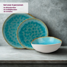 Service de vaisselle Cosy & Trendy Laguna Azzurro 12 pièces / 4 personnes - 4 Assiette plates, 4 assiettes à petit-déjeuner en 4 bols