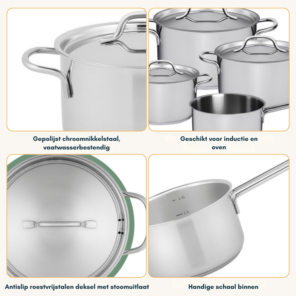 Ensemble de casseroles Sola Mirage - Acier inoxydable - Casserole ø 16, 18, 20 cm & Casserole à long manche ø 16 cm - Compatible induction - 4 pièces
