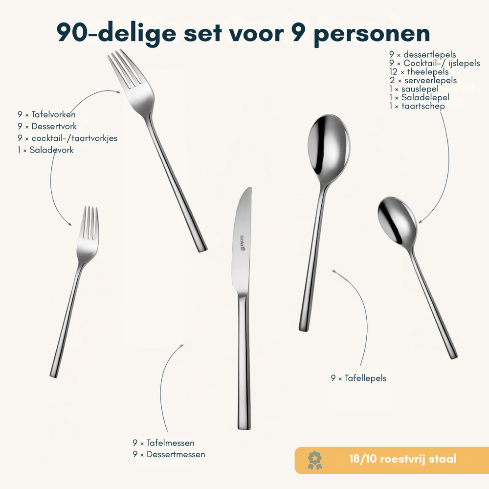Ensemble de couverts Sola Montreux - Acier inoxydable 18/10 - 90 pièces / 9 personnes