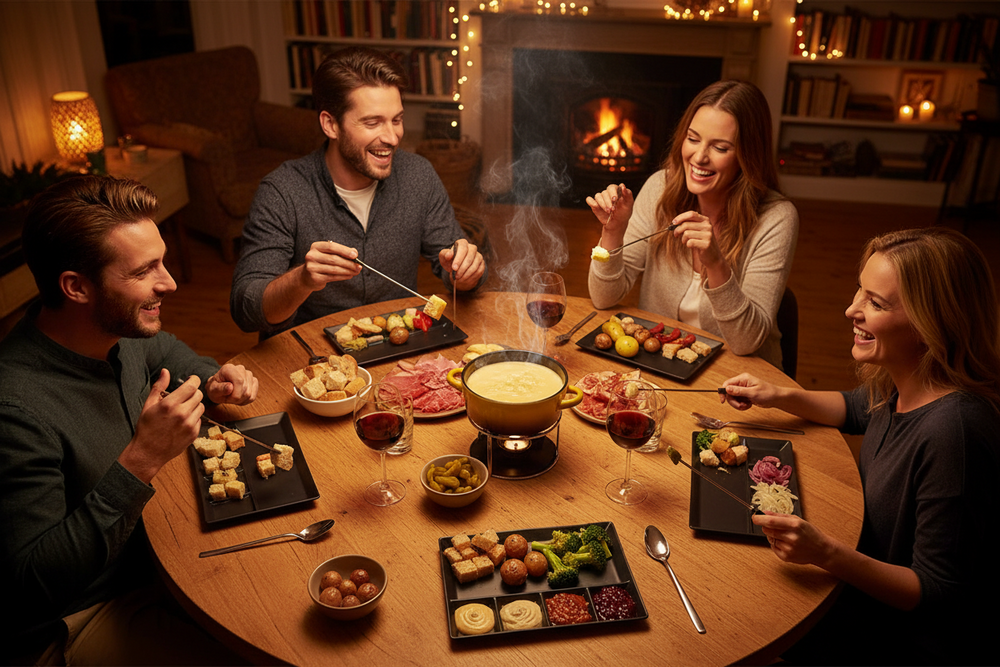 Assiettes à fondue / Assiettes gourmandes / Assiettes barbecue Cookinglife - 5 compartiments - Noires - 24 x 24 cm - Lot de 4