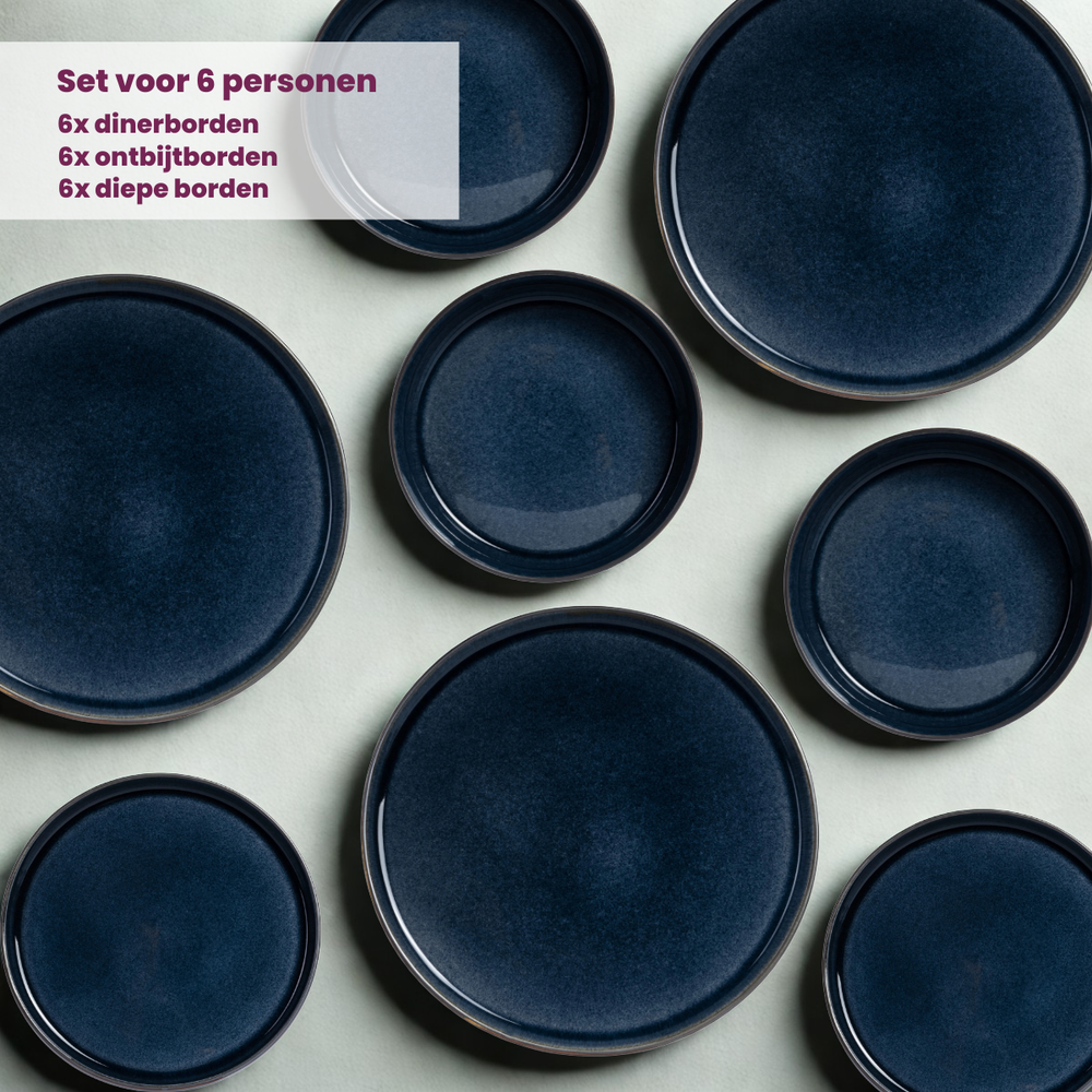 Service de vaisselle Cosy & Trendy Quintana Blue 18 pièces / 6 personnes - 6 Assiette plates, 6 assiettes creuses en 6 assiettes à petit-déjeuner
