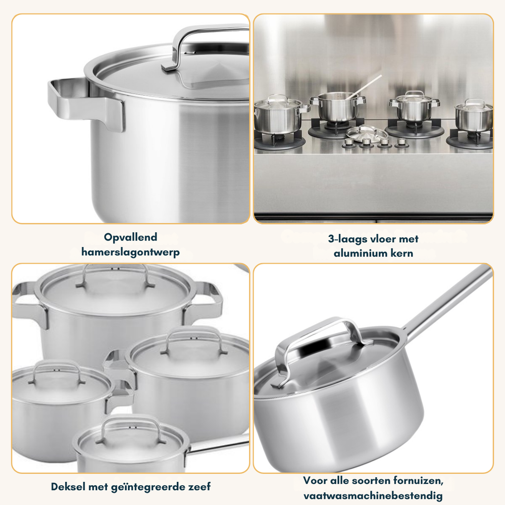 Ensemble de casseroles Ruby - Inox - Casserole ø 16, 18, 20, 24 cm & Casserole ø 16 cm - Compatible induction - 5 pièces