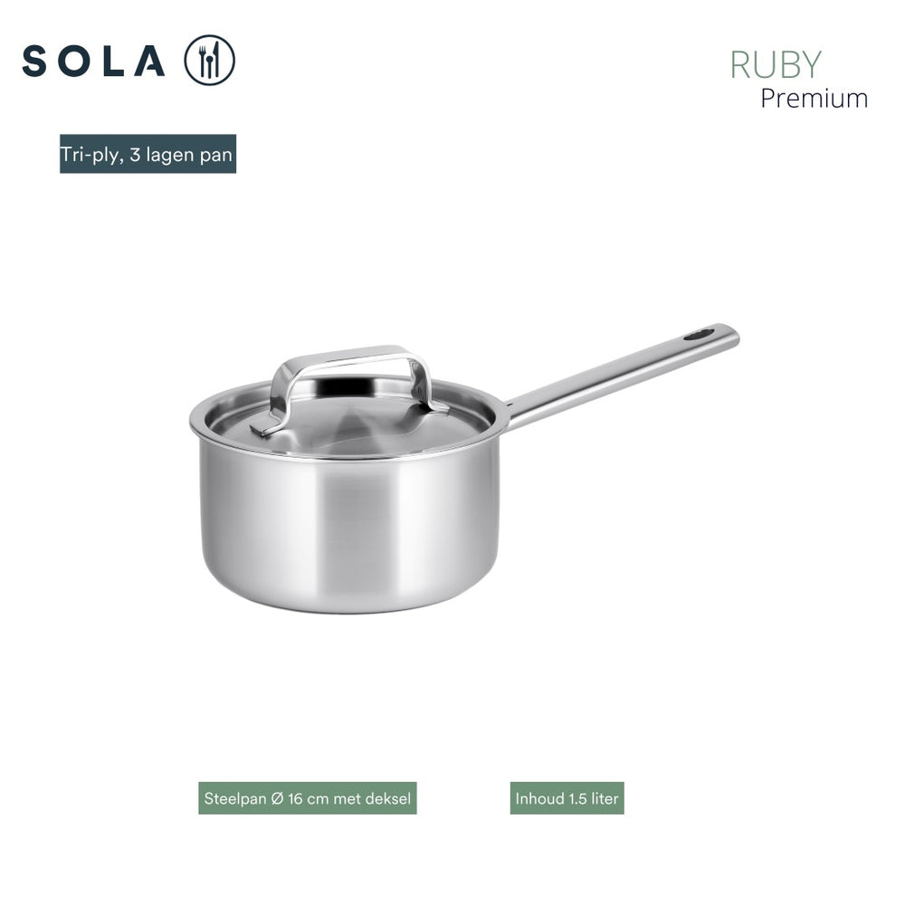 Sola Pannenset Ruby (Kookpan ø 16, 18, 20 & 24 cm, Steelpan ø 16 cm) - Inductie geschikt - 5 Delig