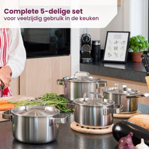 Batterie de casseroles Ruby - Inox - Casserole ø 16, 18, 20, 24 cm & Casserole ø 16 cm - Compatible induction - 5 pièces