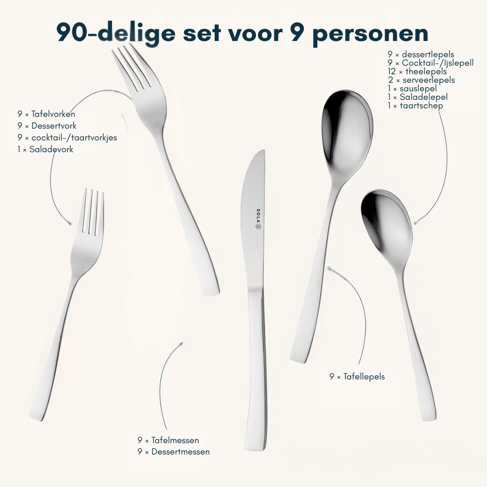 Ensemble de couverts Sola Sevilla - inox 18/0 - 90 Pièces / 9 Personnes