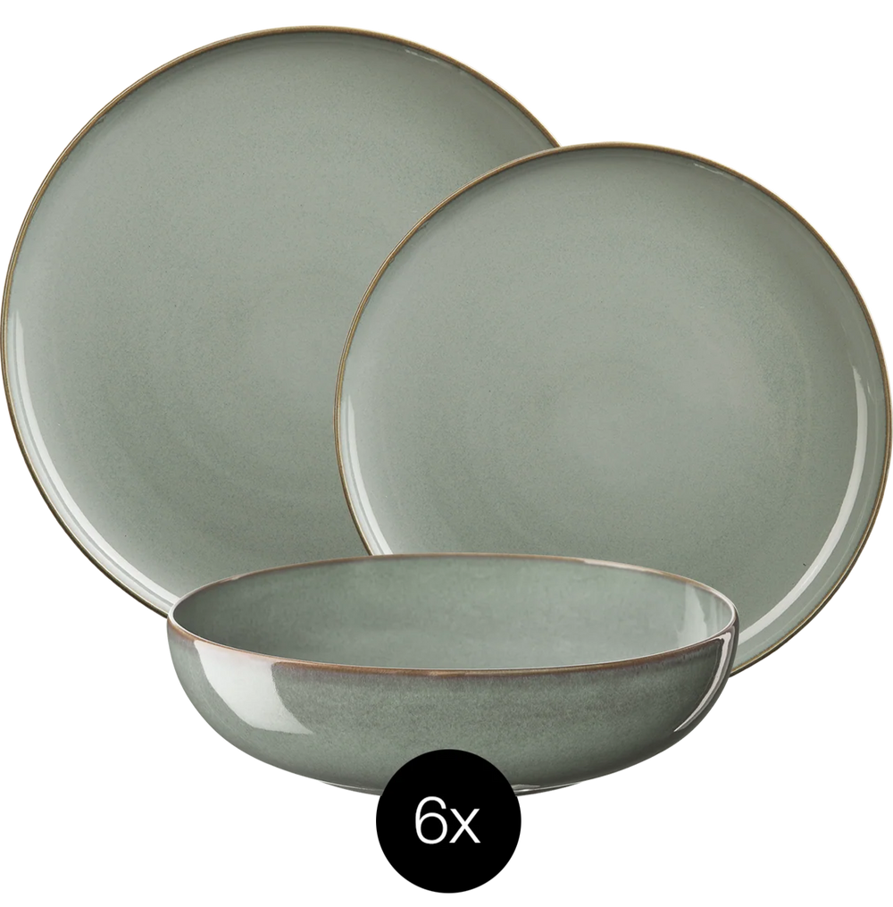 Service de vaisselle ASA Selection Saisons - Eucalyptus - 18 pièces / 6 personnes - 6 Assiette plates, 6 bols en 6 assiettes à petit-déjeuner