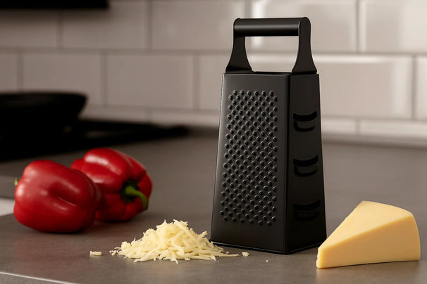 Ensemble d'ustensiles de cuisine Cookinglife noir - 6 pièces - Râpe tour, presse-ail, ouvre-boîte, roulette à pizza, trancheuse à fromage et cuillère à glace