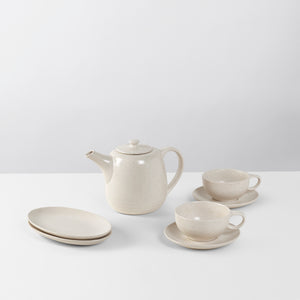 service à thé Broste Copenhagen Nordic Vanilla 7 pièces / 2 personnes - 1 théière, 2 assiettes ovales et 2 tasses et coucoupes