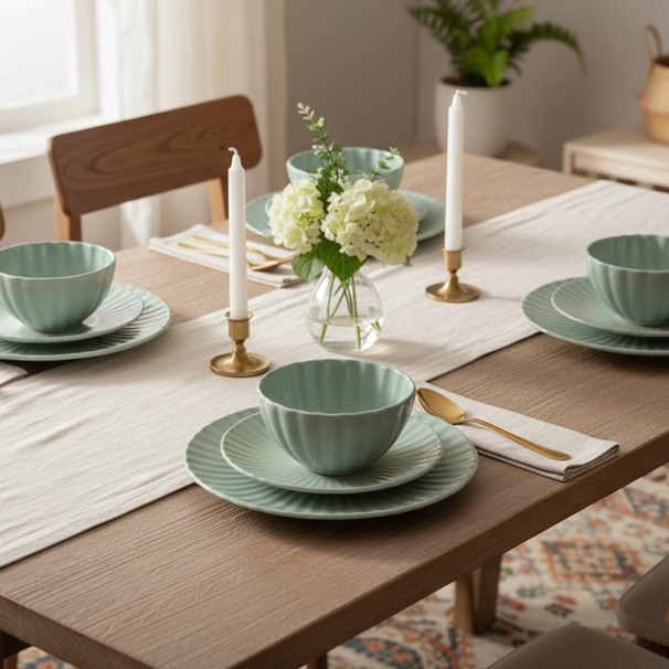 Service de vaisselle Cookinglife Cardida Vert 18 pièces / 6 personnes - 6 assiettes plates, 6 assiettes à dessert et 6 bols