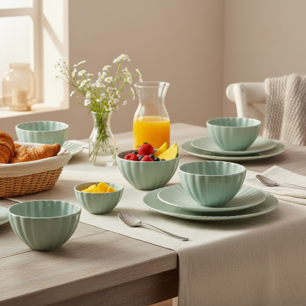 Service de vaisselle Cookinglife Cardida Vert 18 pièces / 6 personnes - 6 assiettes plates, 6 assiettes à dessert et 6 bols