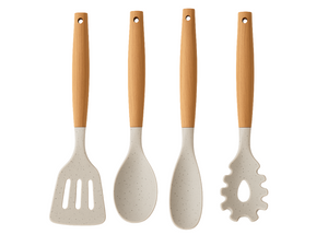 Ensemble d'ustensiles de cuisine Cookinglife - Ensemble de cuisson - bois beige 4 pièces - Spatule, cuillère de service, cuillère à salade & cuillère à spaghetti