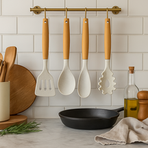 Ensemble d'ustensiles de cuisine Cookinglife - Ensemble de cuisson - bois beige 4 pièces - Spatule, cuillère de service, cuillère à salade & cuillère à spaghetti
