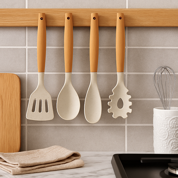 Ensemble d'ustensiles de cuisine Cookinglife - Ensemble de cuisson - bois beige 4 pièces - Spatule, cuillère de service, cuillère à salade & cuillère à spaghetti