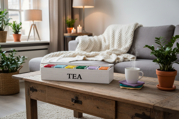 Cookinglife Boîte à Thé Bois Blanc 6 Compartiments avec Couvercle en Verre