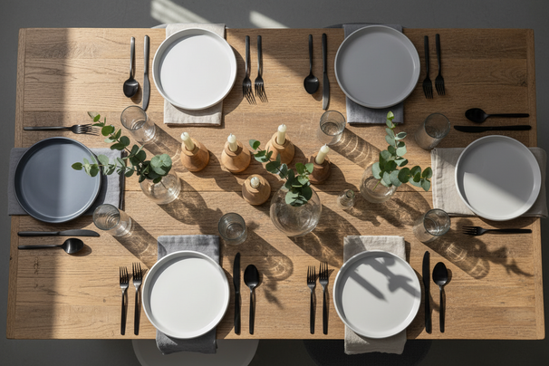 Service de table Cookinglife Siaki - Blanc / Bleu / Gris - Porcelaine 18 pièces / 6 personnes - 6 assiettes plates, 6 assiettes à dessert et 6 bols