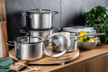 DUCQ Set de poêles (Casserole ø 16 / 18 / 20 / 24 cm + Casserole ø 16 cm + Poêle ø 26 cm) + Couvercles - Aspiration descendante - Inox - Set 6 pièces 