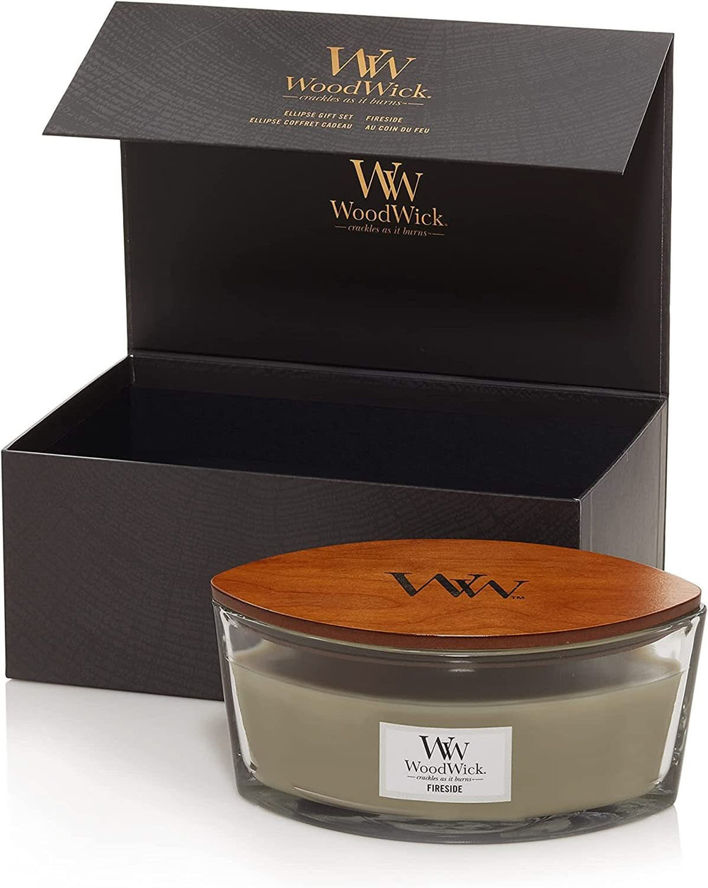 Ensemble cadeau WoodWick Bougie parfumée Ellipse Fireside