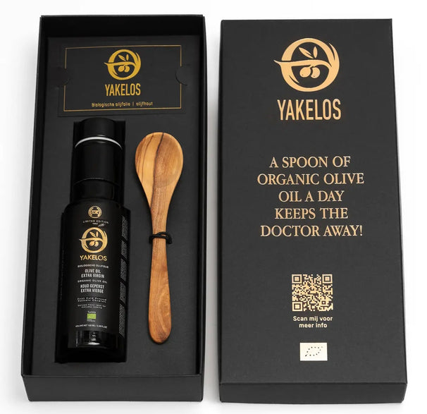 Huile d'olive extra vierge biologique Yakelos - Coffret dégustation de 100 ml avec cuillère en bois d'olivier